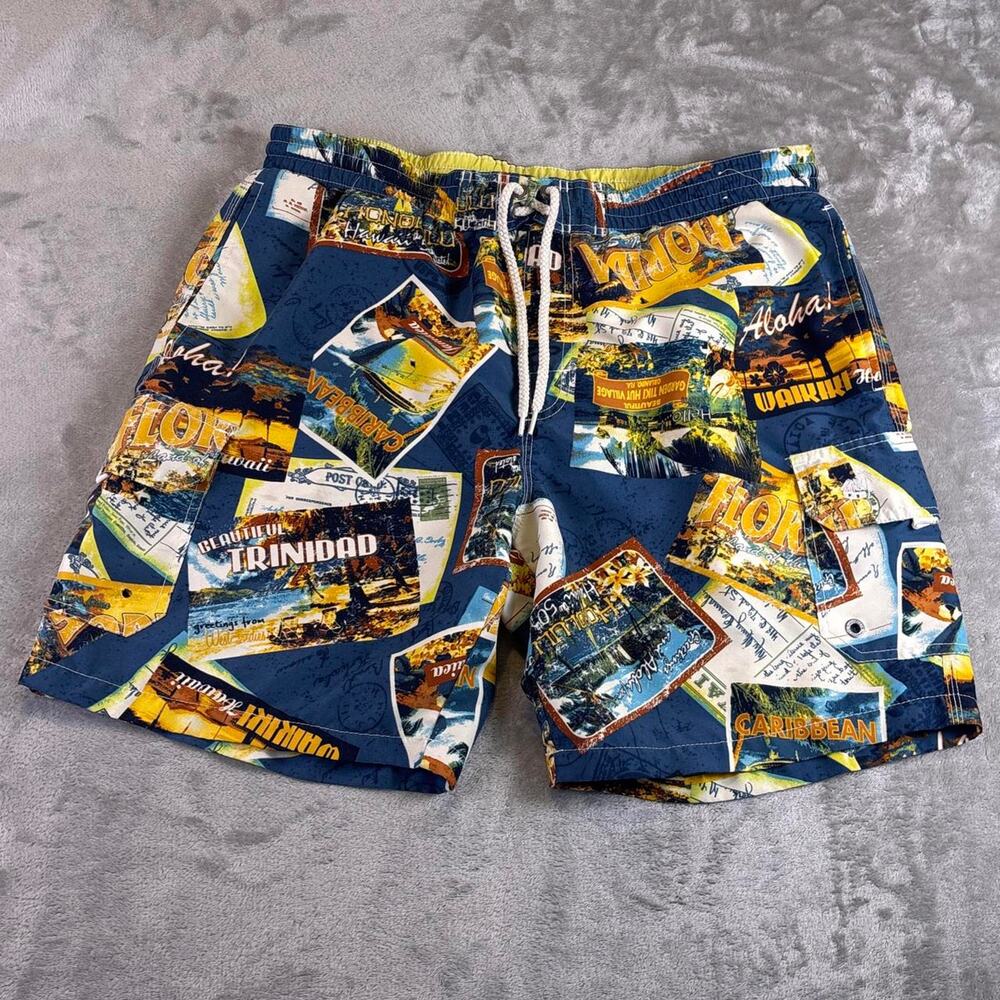 Caribbean Joe Hawaiian Board Shorts AOP Surf Swimwear Trunks Size Medium
